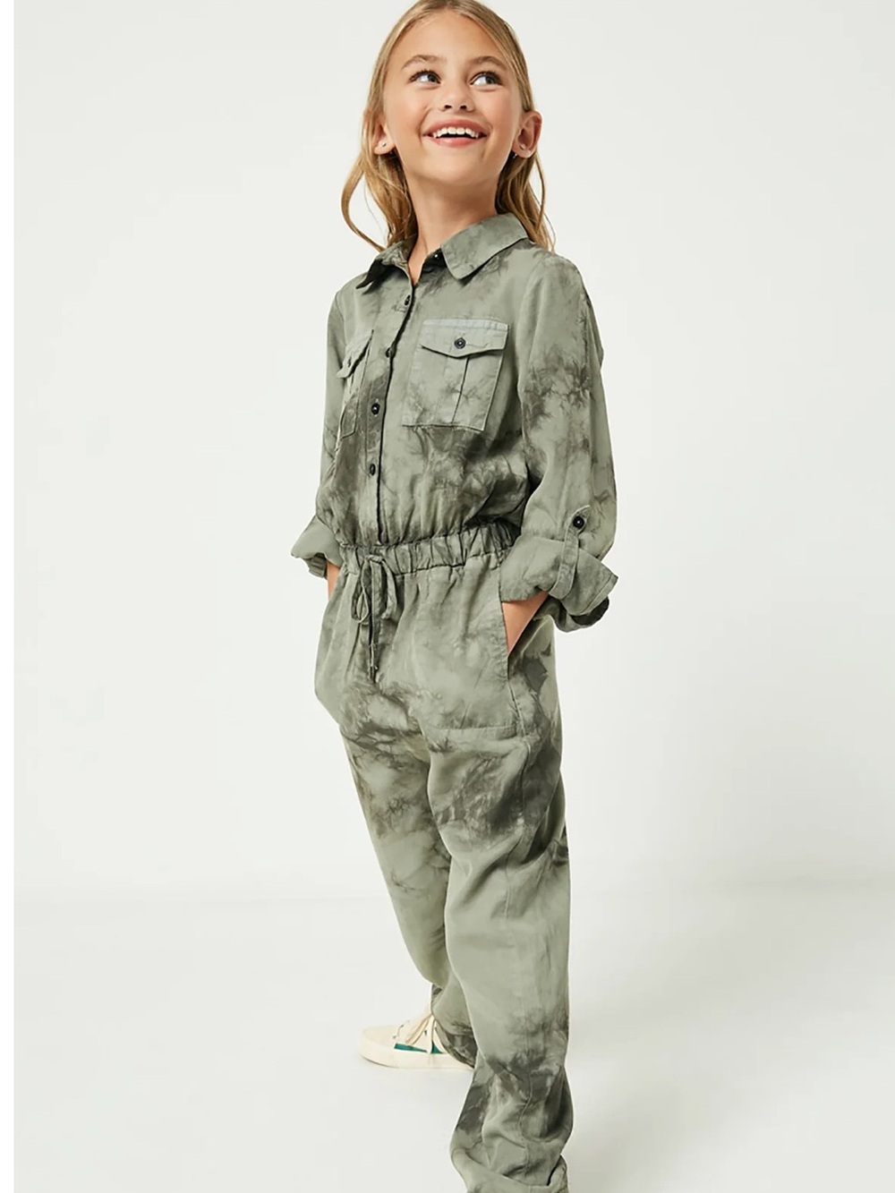 Hayden - Kids Tie-Dye Utility One-Piece Jumpsuit - Olive Green